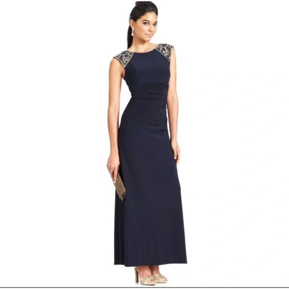 Xscape Petite Navy Beaded Shoulder Evening Gown Dress Women’s 4P - Picture 1 of 8